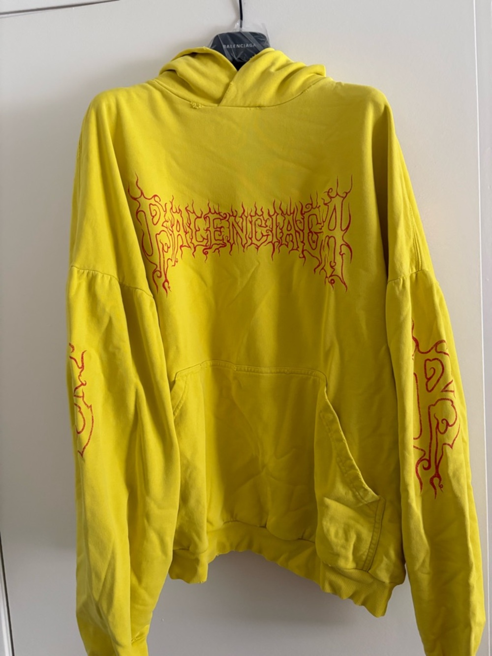 Balenciaga Yellow Hoodie with Red Flame Logo - Men's Style size 2